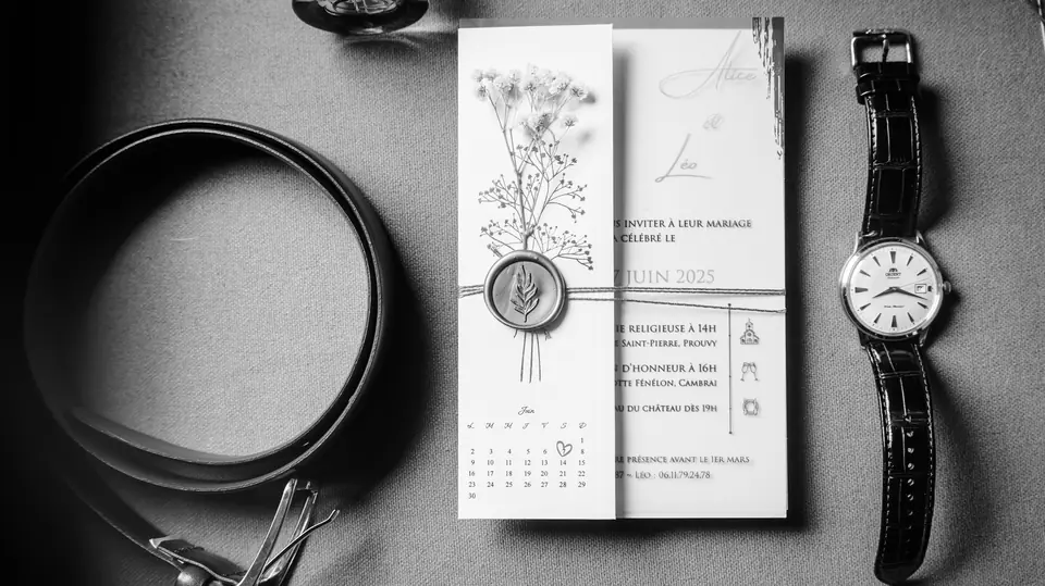 Ceinture, faire-part et montre posés le matin du mariage, en noir et blanc